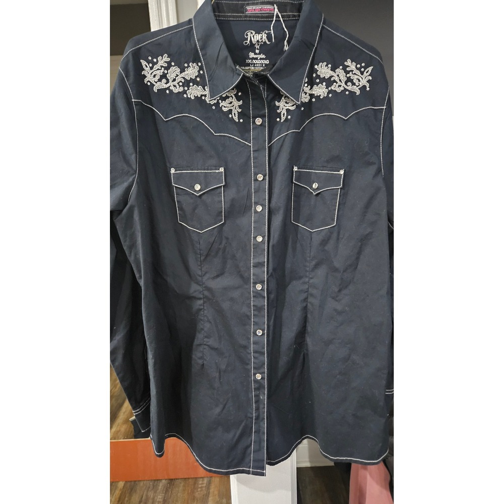 Western Rock 47 by Wrangler Black Embroidered Rhinestone Snap Shirt Womens XXL